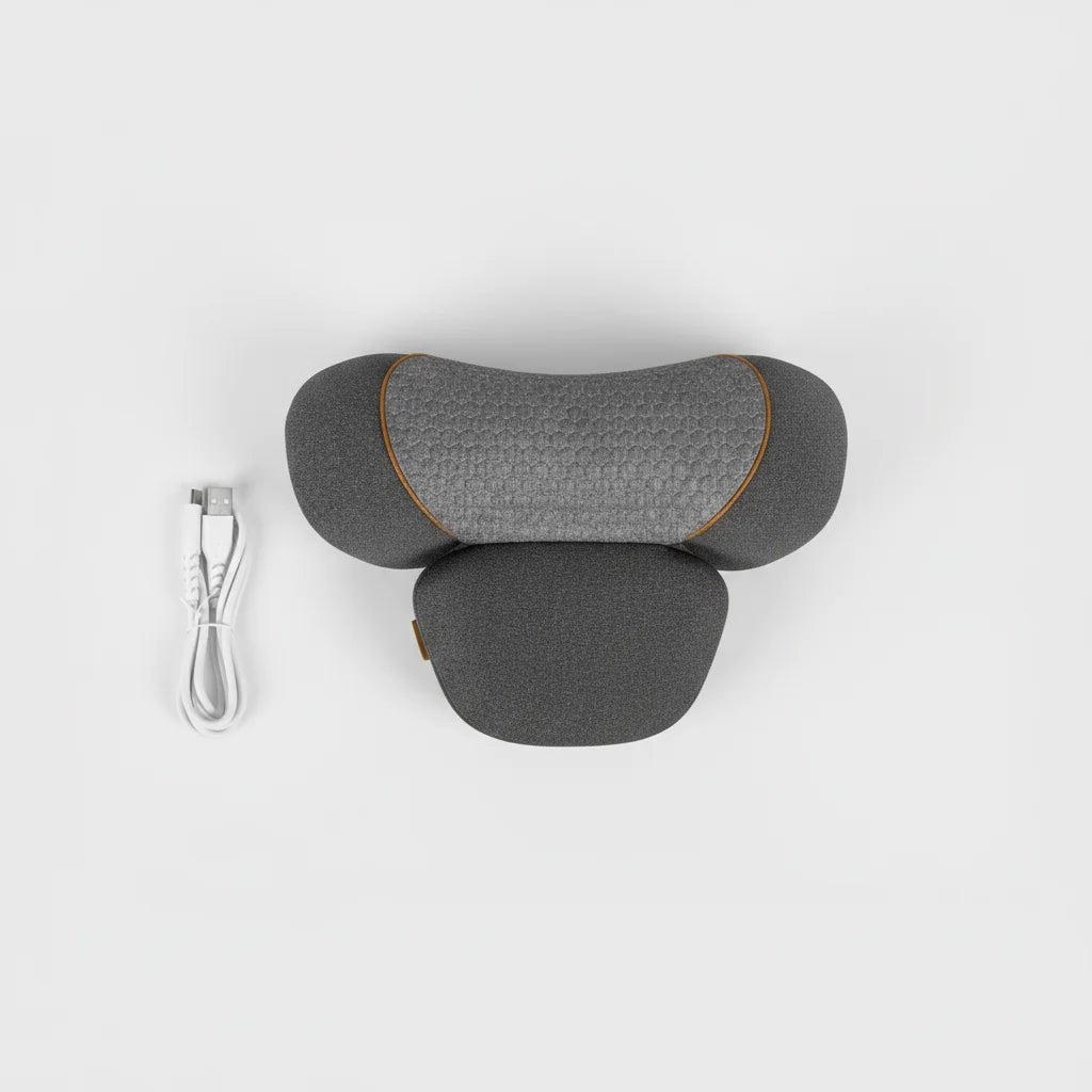 Close-up of the Nuvae neck massager pillow heat and massage controls