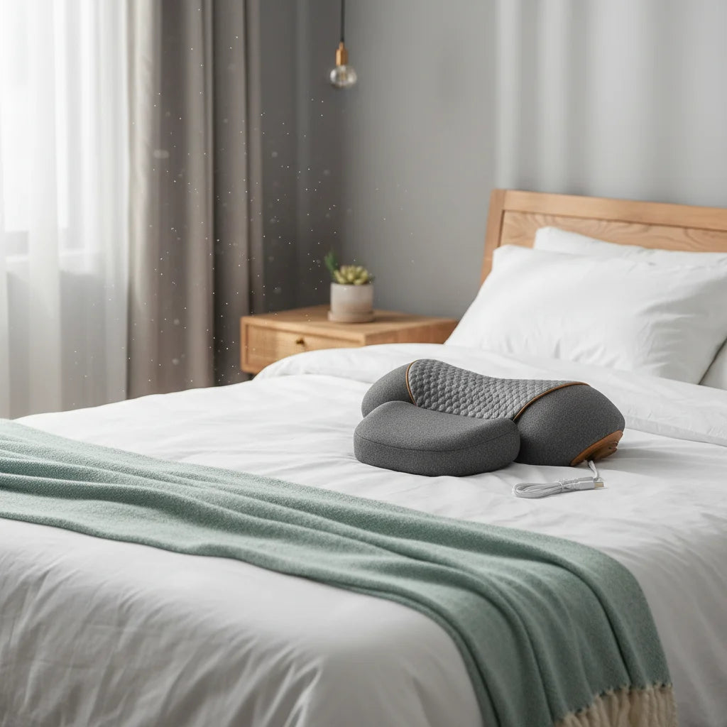 Woman using the Nuvae heated neck massager pillow at home